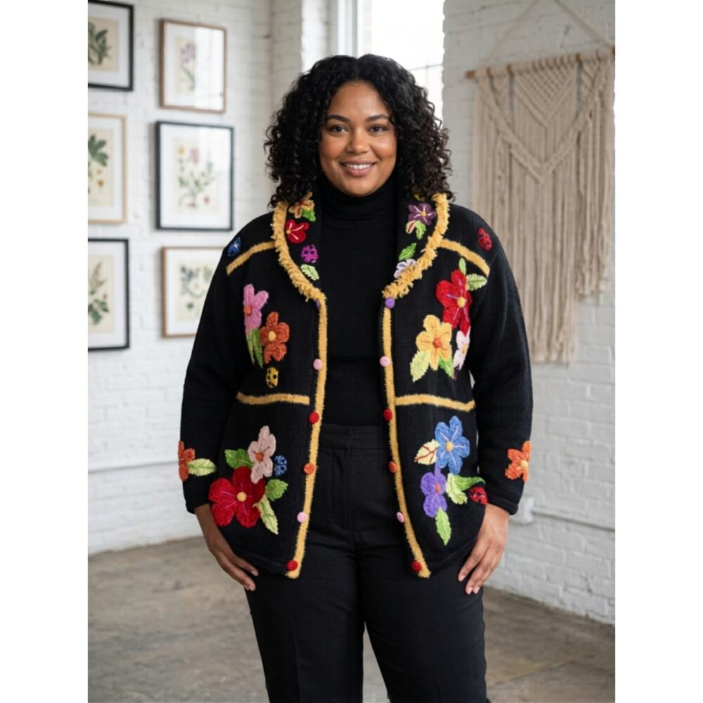 Storybook Knits Vintage Handknit Colorful Floral Cardigan Sweater 1X Rare 3D Vtg